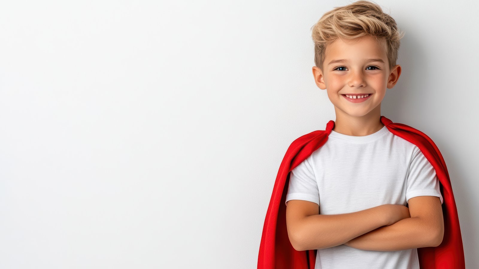 cheerful boy dressed as superhero with red cape poses confidently against white background